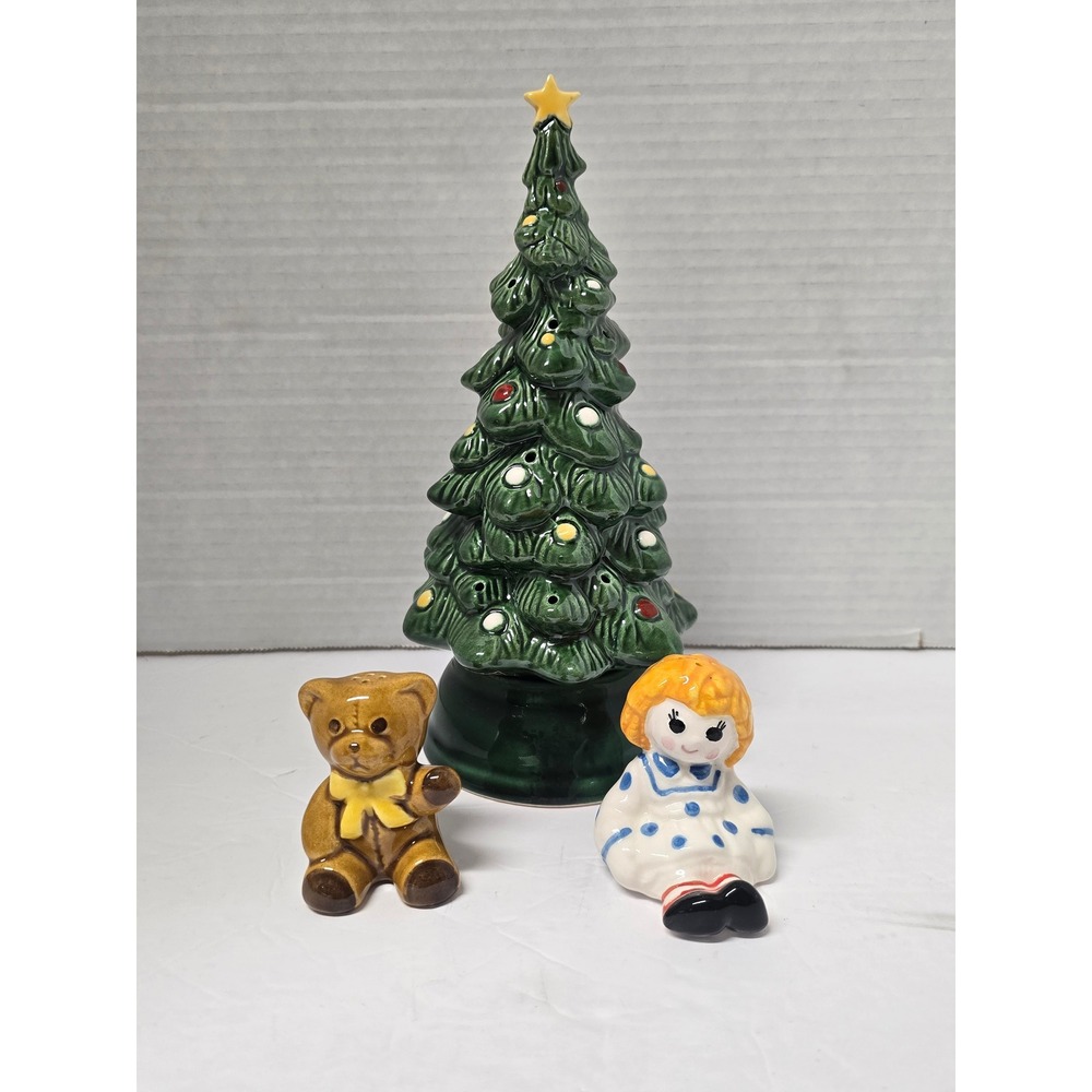 Vintage 1970s Avon Merry Christmas Tree Hostess Set Ceramic Pomander Shakers